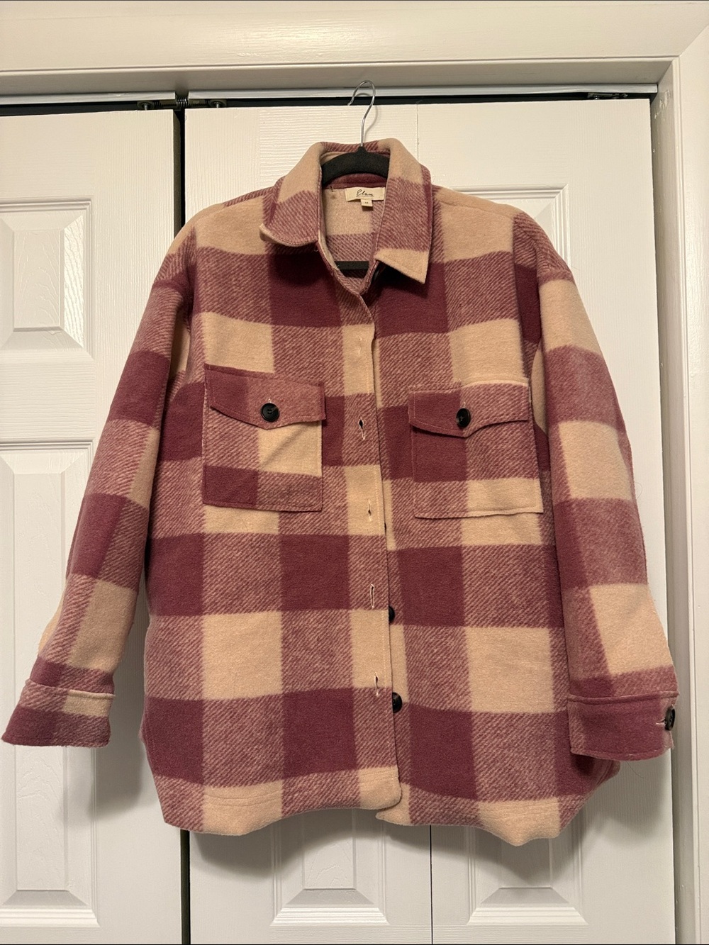 Plaid Button-Front Shacket in Pink & Cream